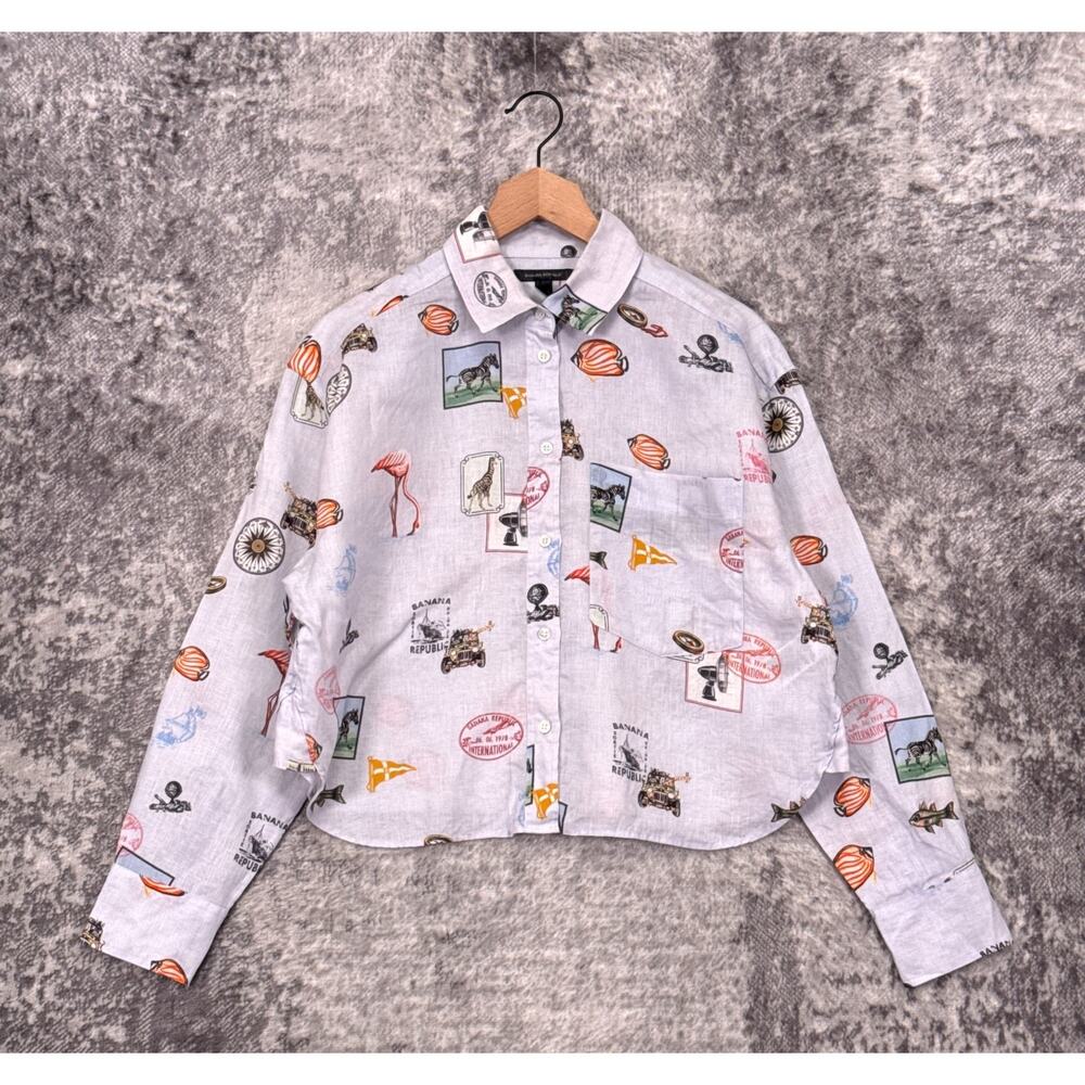 Banana Republic Boxy Crop Linen Shirt Medium Womens Zoo Safari Postcard